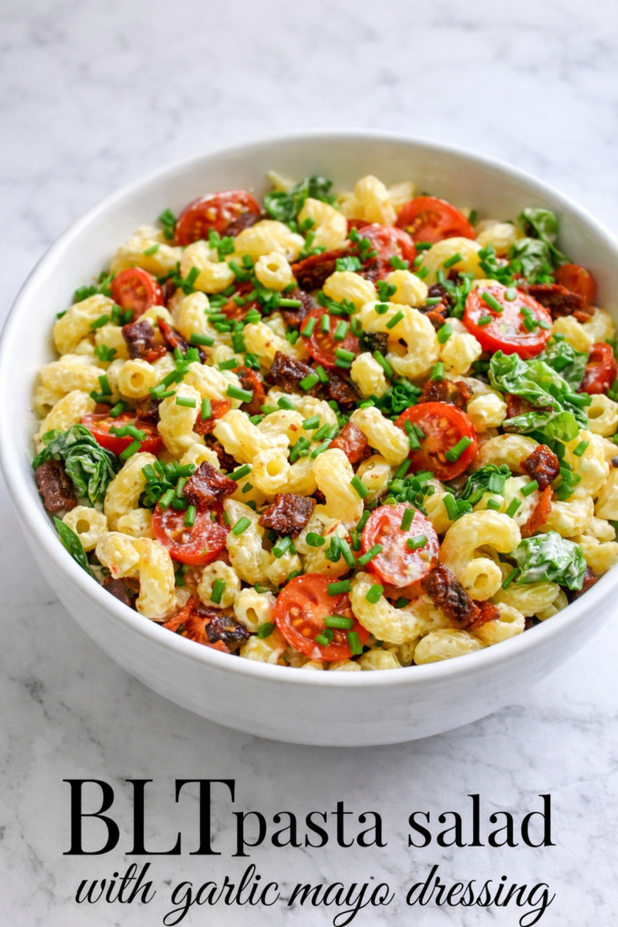 Garlicky BLT macaroni salad with bacon, tomatoes, lettuce, and creamy garlic mayo dressing in a white bowl on a light marble background