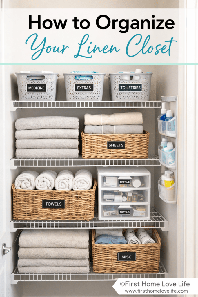 How to organize a linen closet with labeled baskets, folded towels, sheet storage, and a closet pharmacy system.