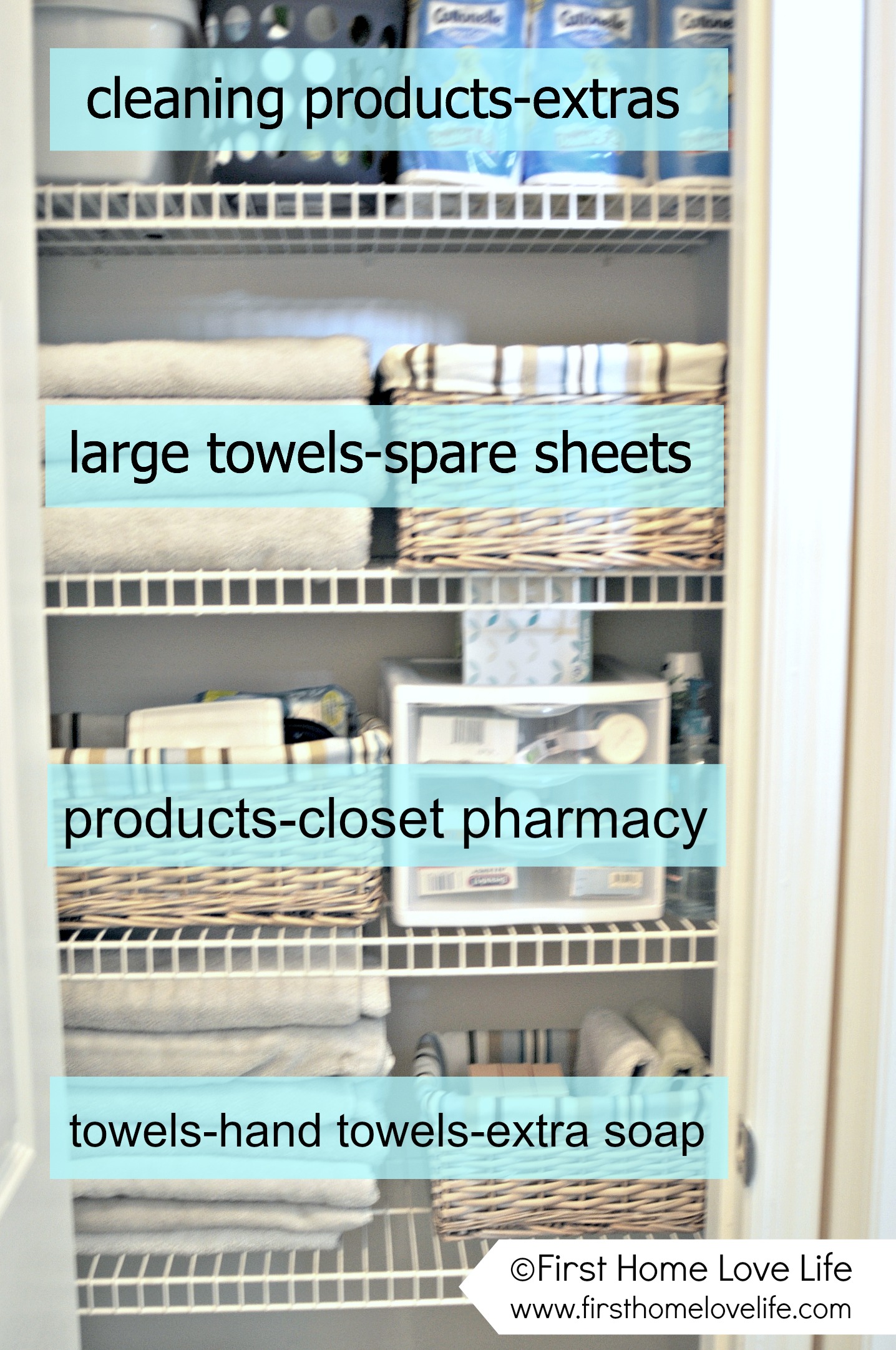 Linen Closet Organization and Closet Pharmacy - First Home Love Life