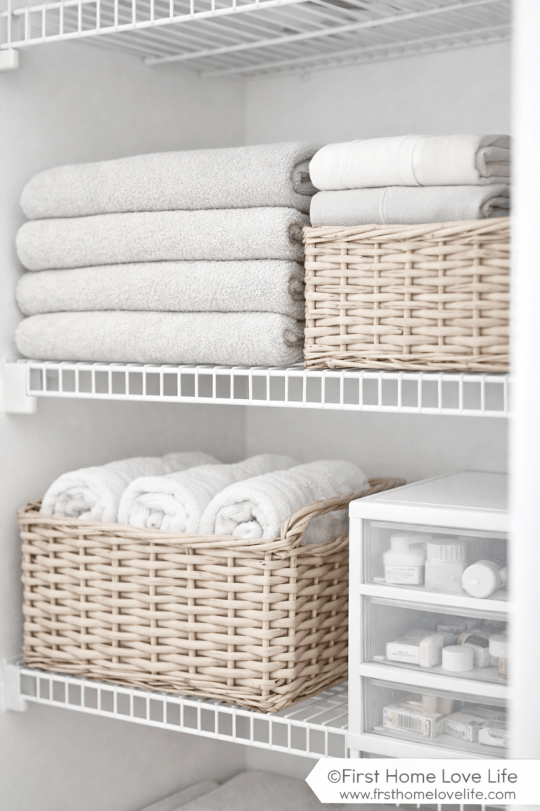 Organized linen closet with neutral woven baskets, folded bath towels, and labeled storage drawers.