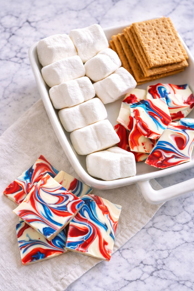 Patriotic red, white, and blue s’mores ingredients with swirled chocolate bark on a marble background