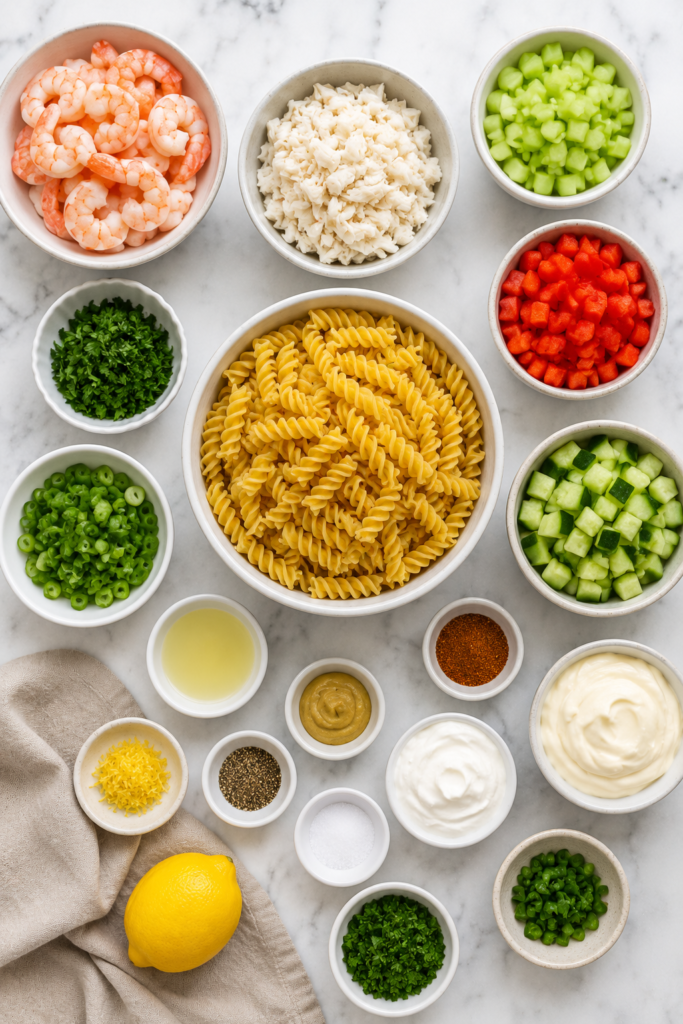 Flat lay of ingredients for seaside pasta salad including rotini pasta, shrimp, crab meat, cucumber, bell pepper, green onions, parsley, mayonnaise, sour cream, lemon, Dijon mustard, and seasonings arranged in white bowls on a marble countertop.