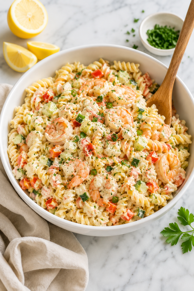 Creamy seaside pasta salad with shrimp, crab, rotini pasta, fresh vegetables, and lemon herb dressing served in a large white bowl on a marble countertop with a wooden spoon and neutral linen cloth.