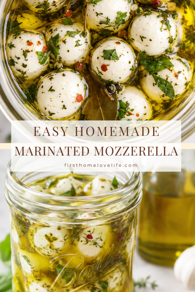 Pinterest graphic featuring homemade marinated mozzarella balls in herb-infused olive oil inside a glass jar.