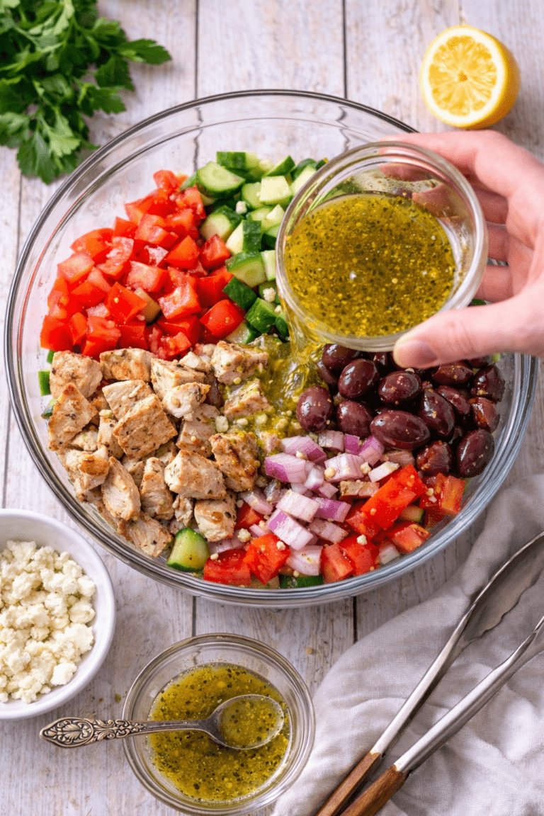 Pouring homemade Greek dressing over grilled chicken salad with cucumbers, tomatoes, olives, and feta