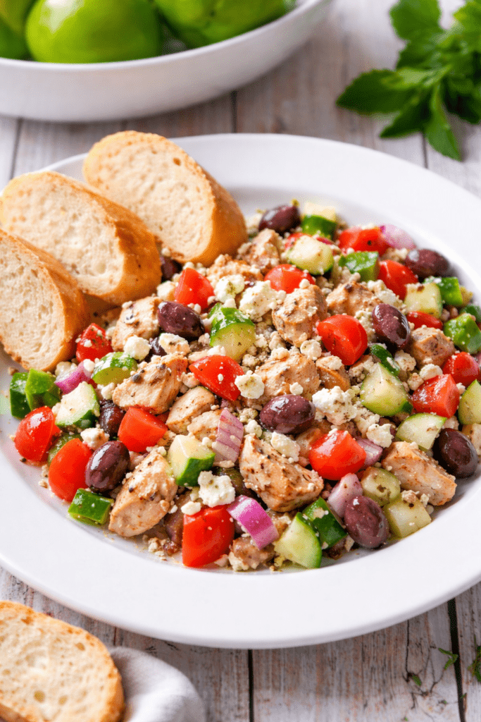 Greek grilled chicken salad with feta, olives, cucumbers, and tomatoes on white plate