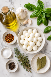Flat lay of ingredients for homemade marinated mozzarella including fresh mozzarella balls, olive oil, garlic, basil, thyme, bay leaf, and red pepper flakes on a marble countertop.