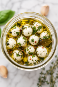 Bird's-eye view of homemade marinated mozzarella balls in a glass jar filled with garlic herb olive oil.