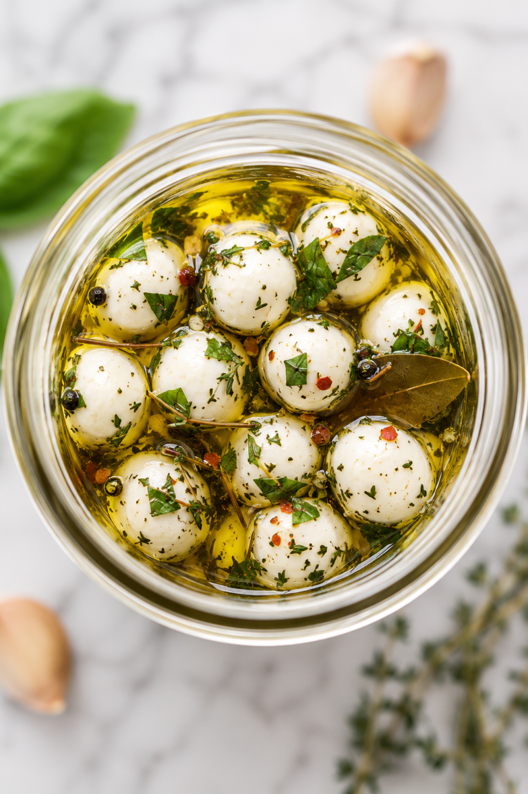 Bird's-eye view of homemade marinated mozzarella balls in a glass jar filled with garlic herb olive oil.