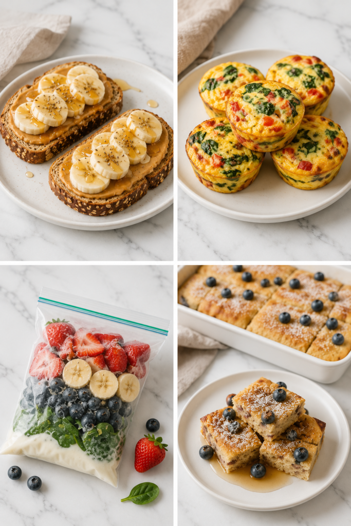 Collage of easy back-to-school breakfast ideas featuring peanut butter banana toast, egg muffin cups, smoothie freezer packs, and sheet pan pancakes on a white marble countertop.