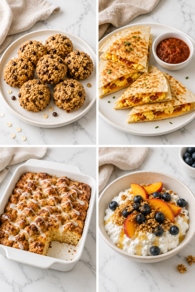 Collage of easy back-to-school breakfast ideas featuring homemade breakfast cookies, breakfast quesadillas, cinnamon roll casserole, and cottage cheese breakfast bowls on a white marble countertop.