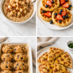 Collage featuring apple cinnamon oatmeal, homemade waffles with berries, blueberry muffins, and breakfast pizza on a white marble countertop in a clean farmhouse kitchen style.