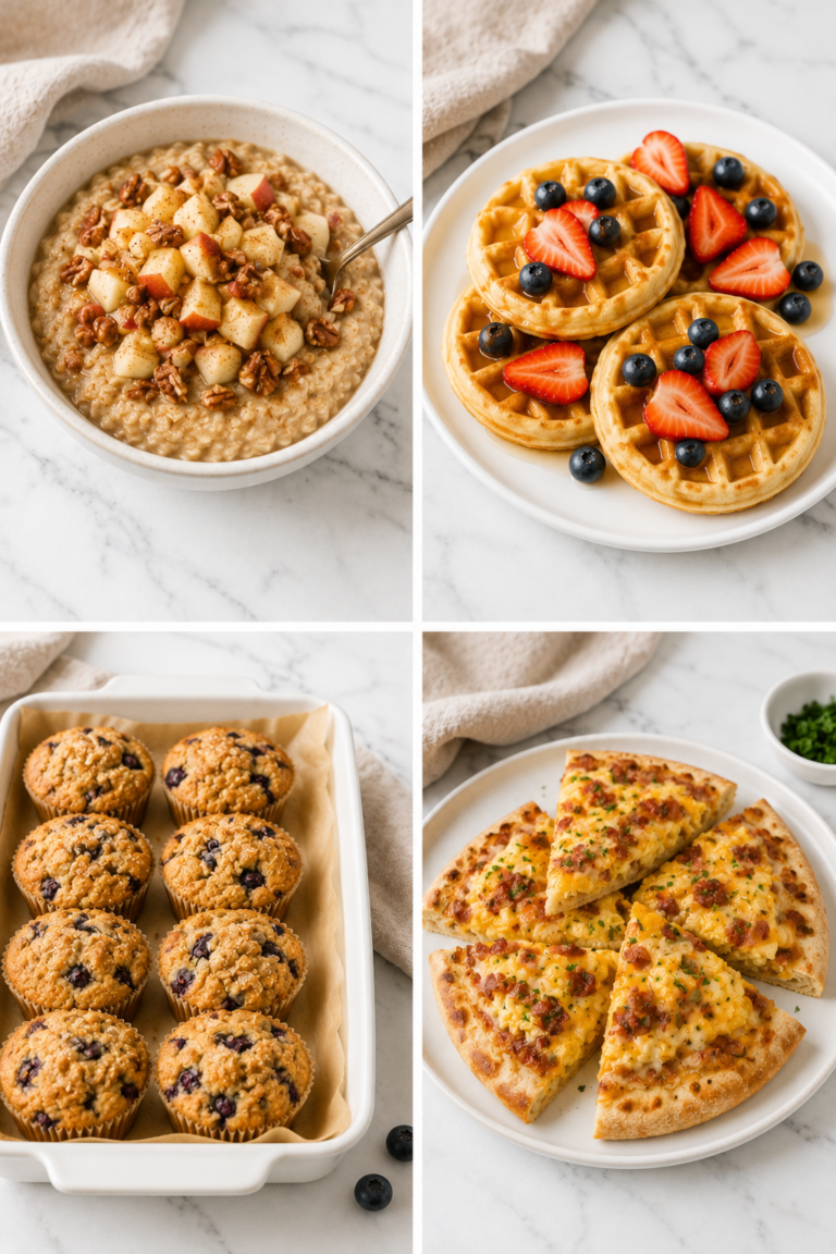 Collage featuring apple cinnamon oatmeal, homemade waffles with berries, blueberry muffins, and breakfast pizza on a white marble countertop in a clean farmhouse kitchen style.