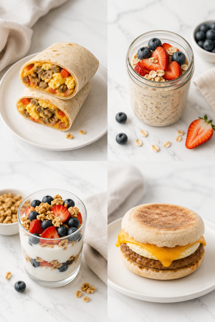 Collage of four easy back-to-school breakfast ideas including breakfast burritos, overnight oats, yogurt parfaits, and freezer breakfast sandwiches on a white marble countertop.