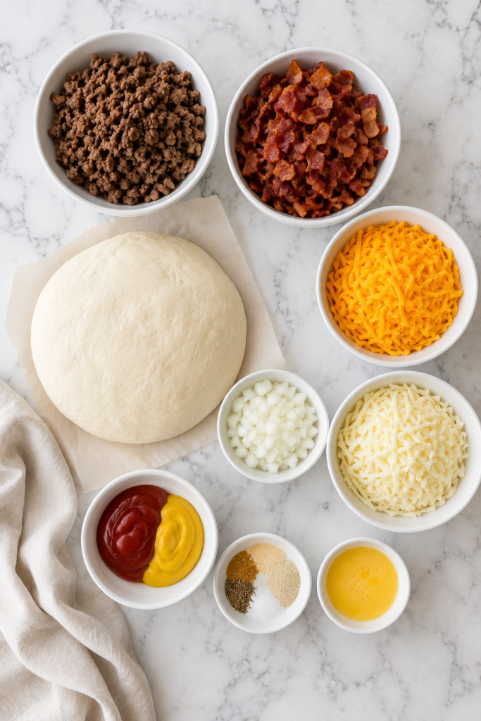 Overhead flat lay of bacon cheeseburger calzone ingredients including pizza dough, ground beef, bacon, cheddar cheese, mozzarella cheese, onion, ketchup, mustard, and seasonings arranged in white bowls on a marble countertop.