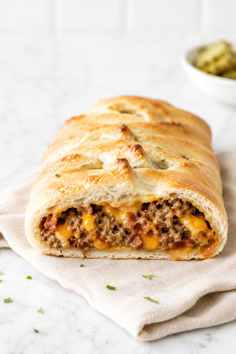 Golden bacon cheeseburger calzone sliced open to reveal seasoned ground beef, crispy bacon, and melted cheddar cheese on a marble countertop with a neutral linen cloth.