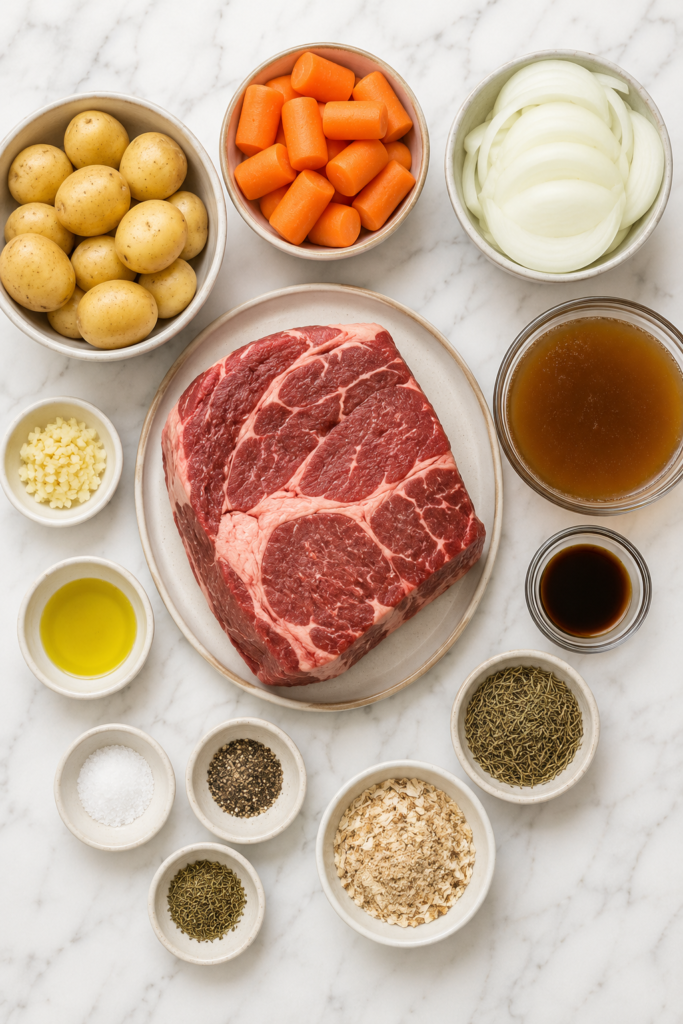 Flat lay of crock pot pot roast ingredients including chuck roast, baby potatoes, carrots, onion, garlic, beef broth, onion soup mix, herbs, and seasonings arranged in white bowls on a marble countertop.