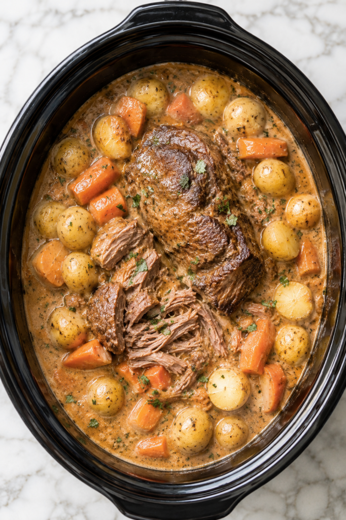 Creamy crock pot pot roast with tender shredded beef, baby potatoes, and carrots in a rich onion gravy inside a black slow cooker on a white marble countertop.