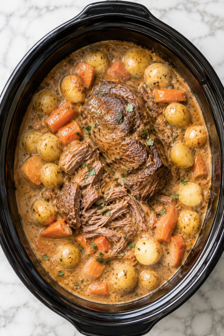Creamy crock pot pot roast with tender shredded beef, baby potatoes, and carrots in a rich onion gravy inside a black slow cooker on a white marble countertop.