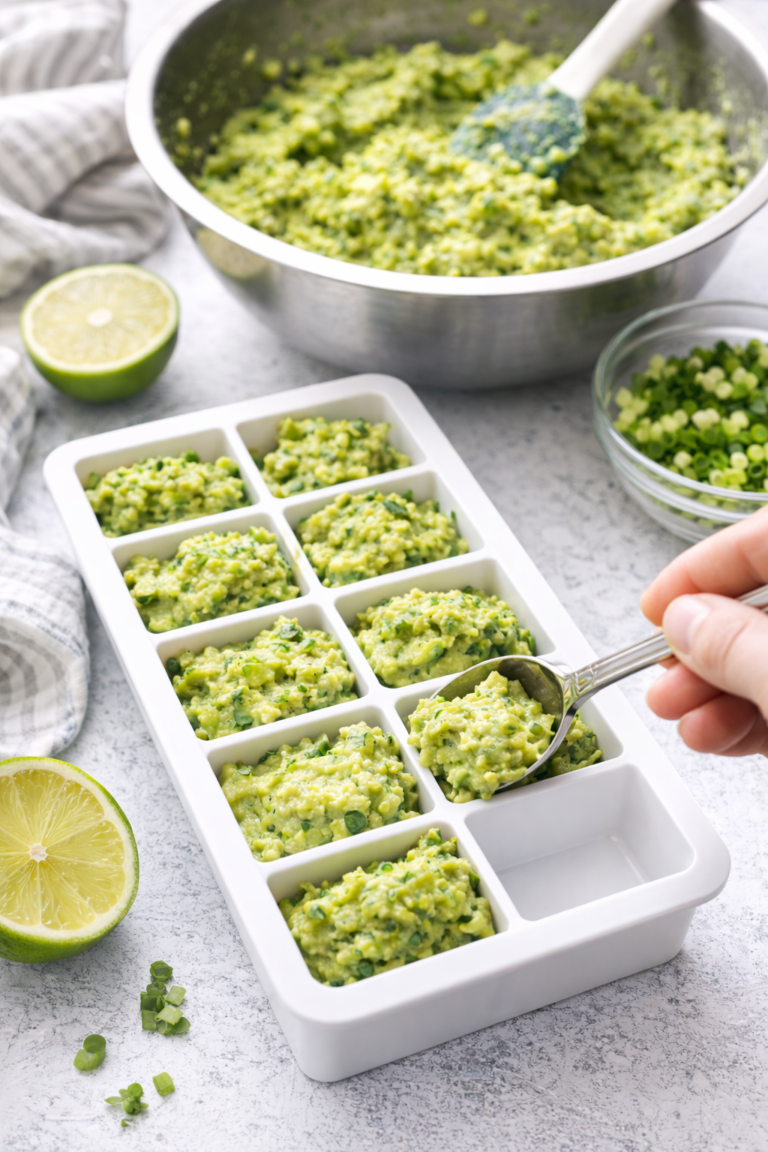 Filling a white ice cube tray with homemade guacamole for freezing
