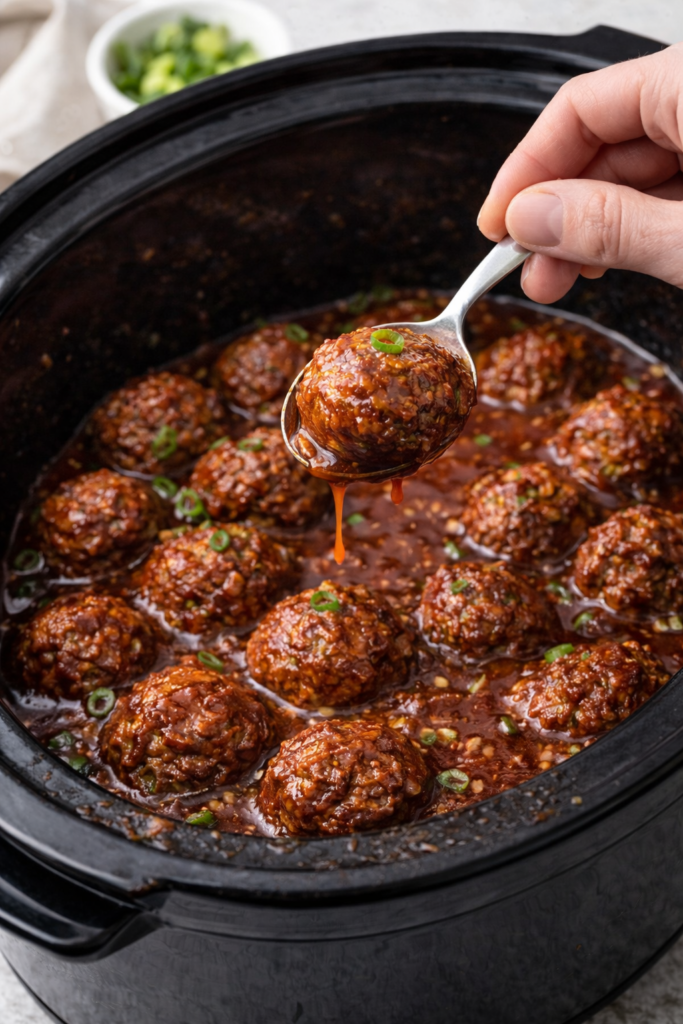 Spoon lifting a sriracha BBQ meatball from a crockpot with sauce dripping over homemade slow cooker meatballs