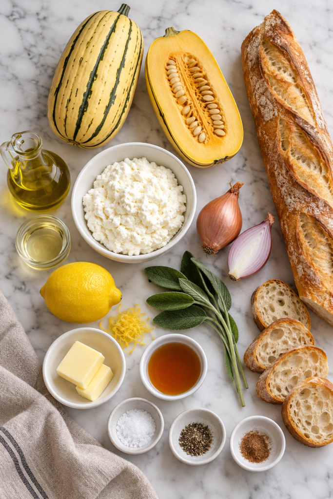 Overhead view of delicata squash, baguette, ricotta, shallots, sage, lemon, butter, oils, maple syrup, and seasonings on marble.