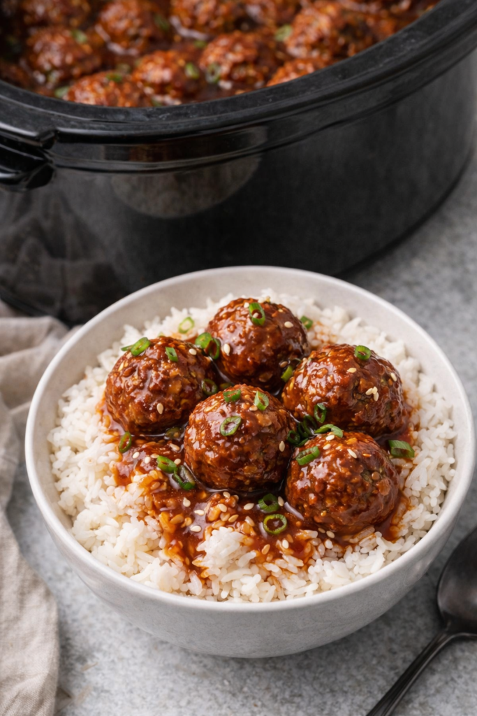 Bowl of rice topped with slow cooker sriracha BBQ meatballs and sauce with crockpot in the background