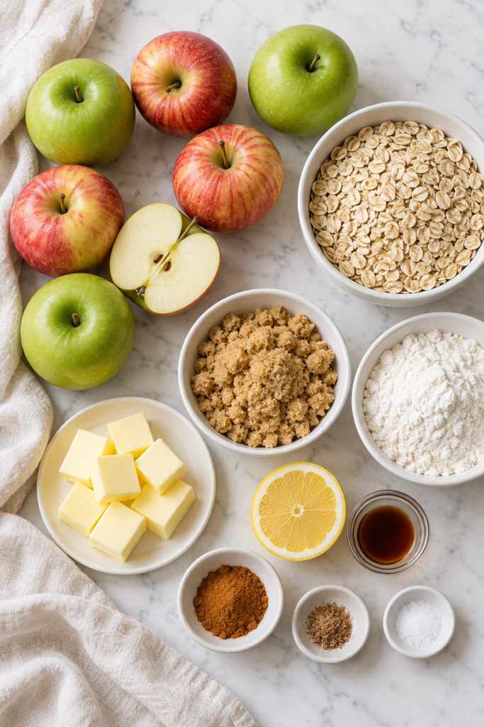 Apple crisp ingredients arranged on white marble, including apples, oats, flour, brown sugar, butter, lemon, vanilla, cinnamon, nutmeg, and salt.