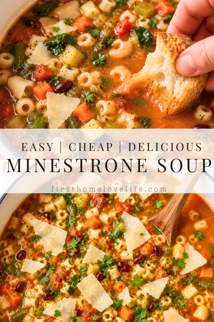 Pinterest graphic featuring homemade minestrone soup in a white enamel Dutch oven with crusty bread dipped into the rich tomato broth, topped with shaved Parmesan and fresh parsley.