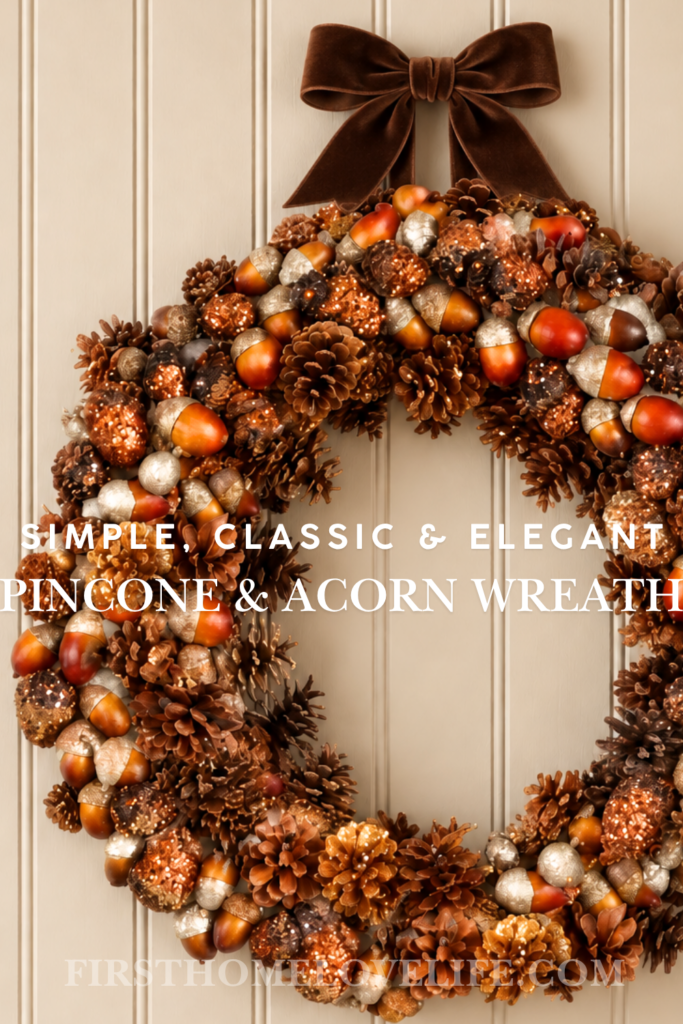 Elegant gold pinecone and acorn fall wreath with a dark brown velvet bow hanging on a taupe beadboard wall.