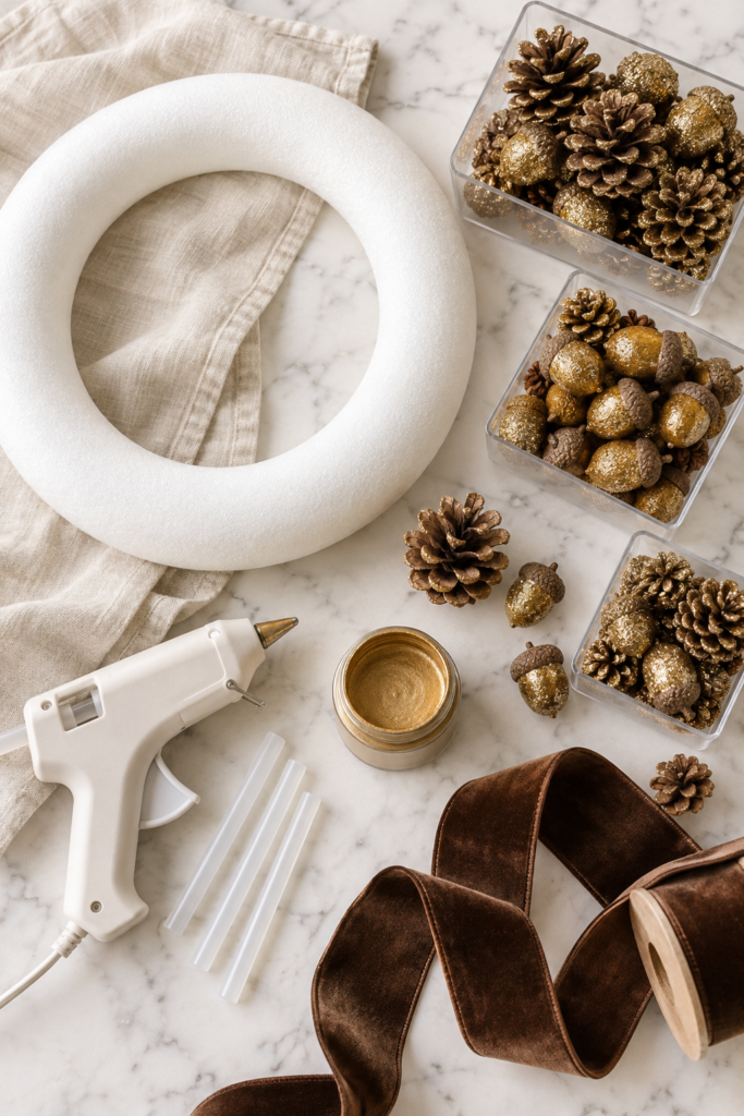 Overhead flat lay of supplies for a DIY gold pinecone and acorn fall wreath, including a foam wreath form, glittered pinecones and acorns, hot glue gun, glue sticks, gold paint, and brown velvet ribbon on white marble.