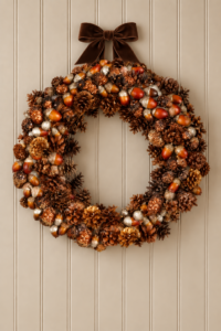 Gold glitter pinecone and acorn fall wreath with a deep brown velvet bow hanging on a classic taupe beadboard wall.