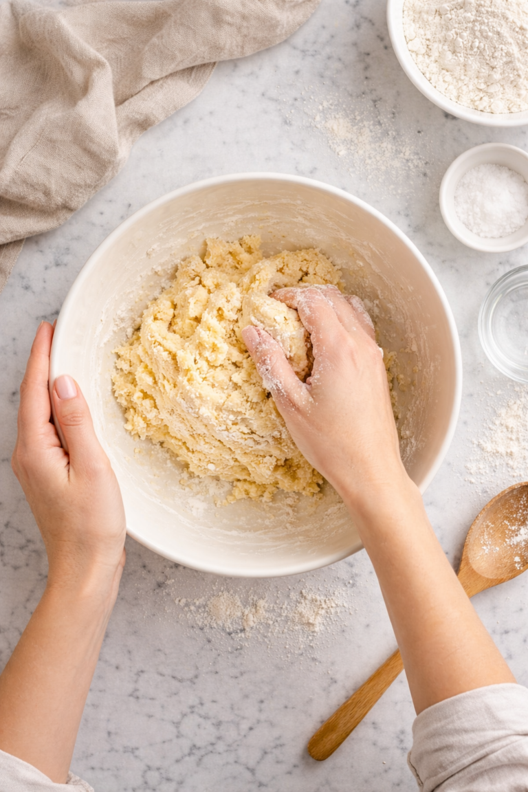 Hands mixing homemade egg noodle dough in a white ceramic bowl on a marble countertop.