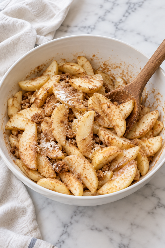 Peeled apple slices mixed with cinnamon, brown sugar, and flour in a white bowl with a wooden spoon on a marble countertop.