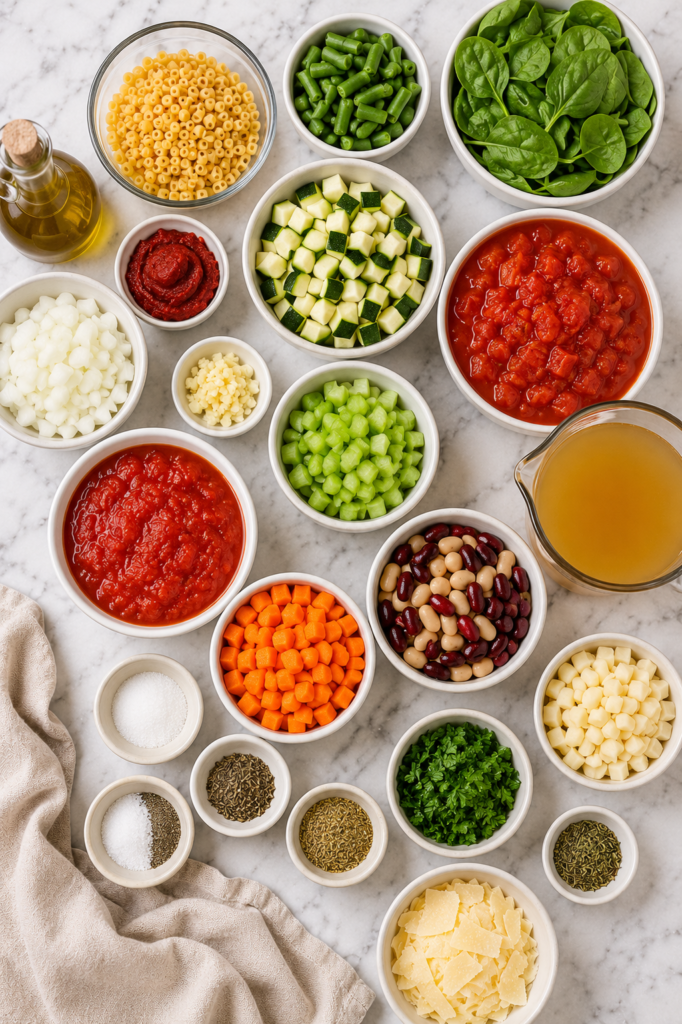 Flat lay of fresh ingredients for homemade minestrone soup including vegetables, beans, pasta, tomatoes, broth, spinach, Parmesan, herbs, and olive oil on a marble countertop.