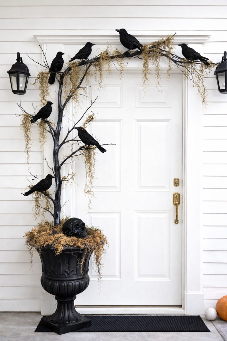 DIY Halloween tree front door decor featuring a black urn with tall branches and black crows arching across the top of an all white front door.