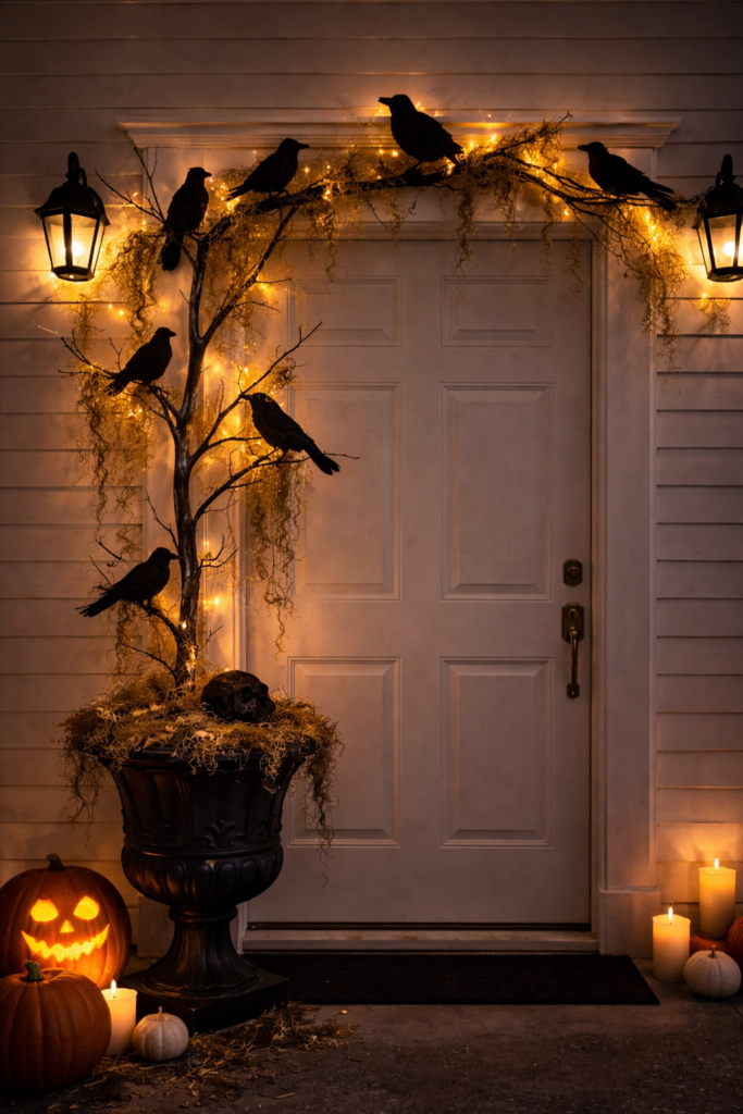 Spooky Halloween front door decor at night featuring a DIY Halloween tree in a black urn with branches and black crows lit with warm lights across the door.