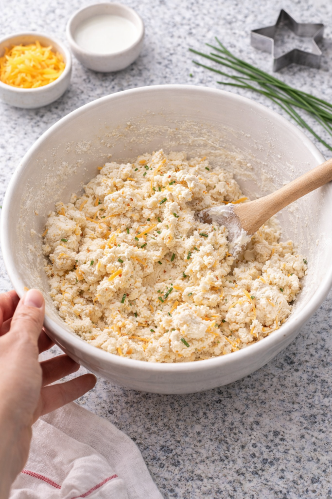 Cheddar chive biscuit dough being mixed in a white bowl with wooden spoon on granite countertop