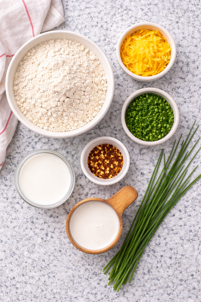 Flat lay of cheddar chive biscuit ingredients including biscuit mix, shredded cheddar, fresh chives, red pepper flakes, and heavy cream on granite countertop