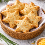 Golden cheddar chive star-shaped biscuits in a wicker basket on a granite countertop
