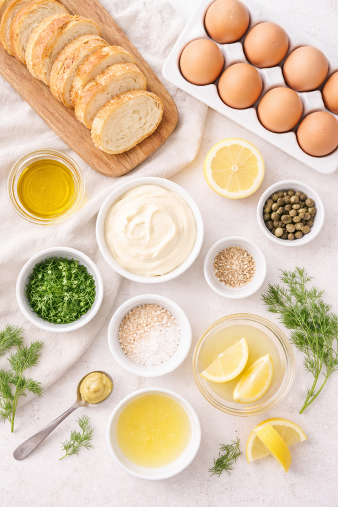 Flat lay of ingredients for deviled egg crostini including baguette slices, eggs, mayonnaise, olive oil, lemon, dill, capers, and seasonings on a light neutral background.