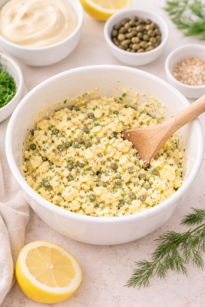 Deviled egg filling being mixed in a white bowl with chopped capers and fresh dill on a light neutral countertop.