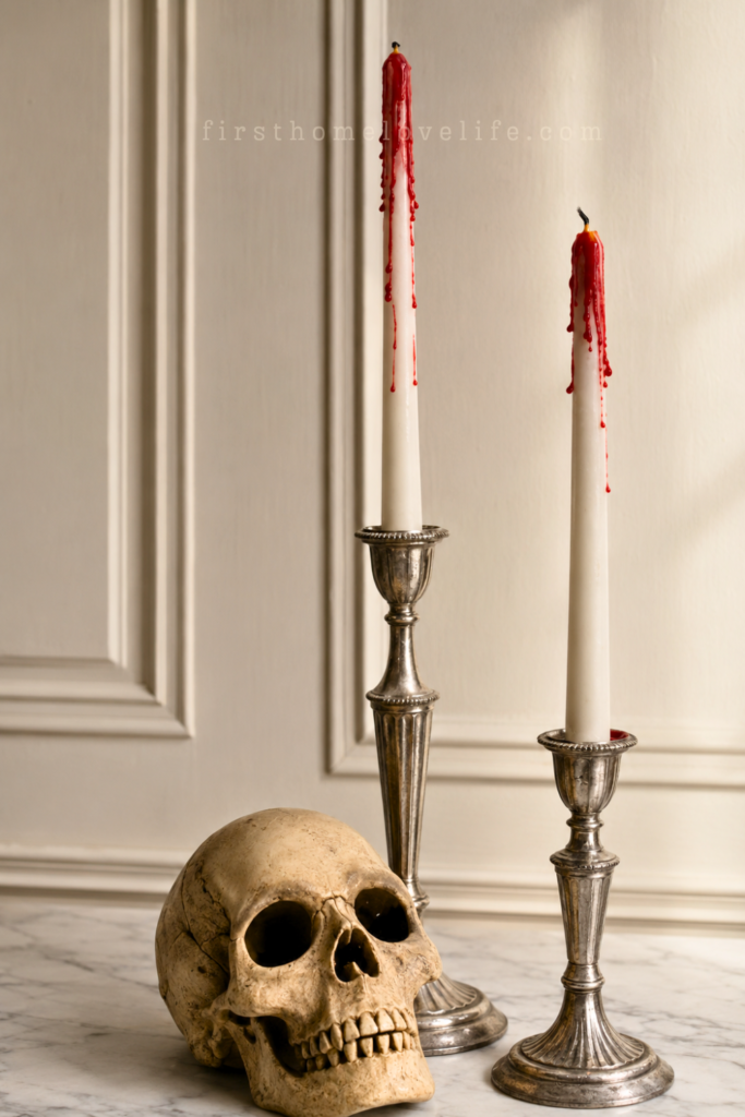 DIY bloody candles made with white taper candles and dripping red wax displayed in vintage silver candlesticks beside a skull.