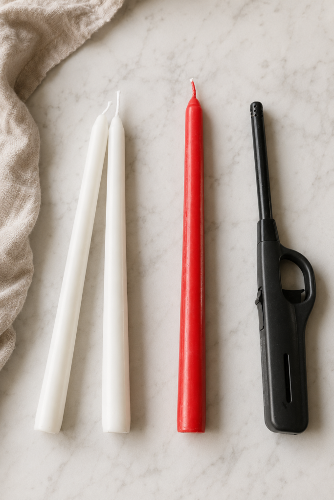 Two white taper candles, one red taper candle, and a long lighter arranged on a white marble countertop.