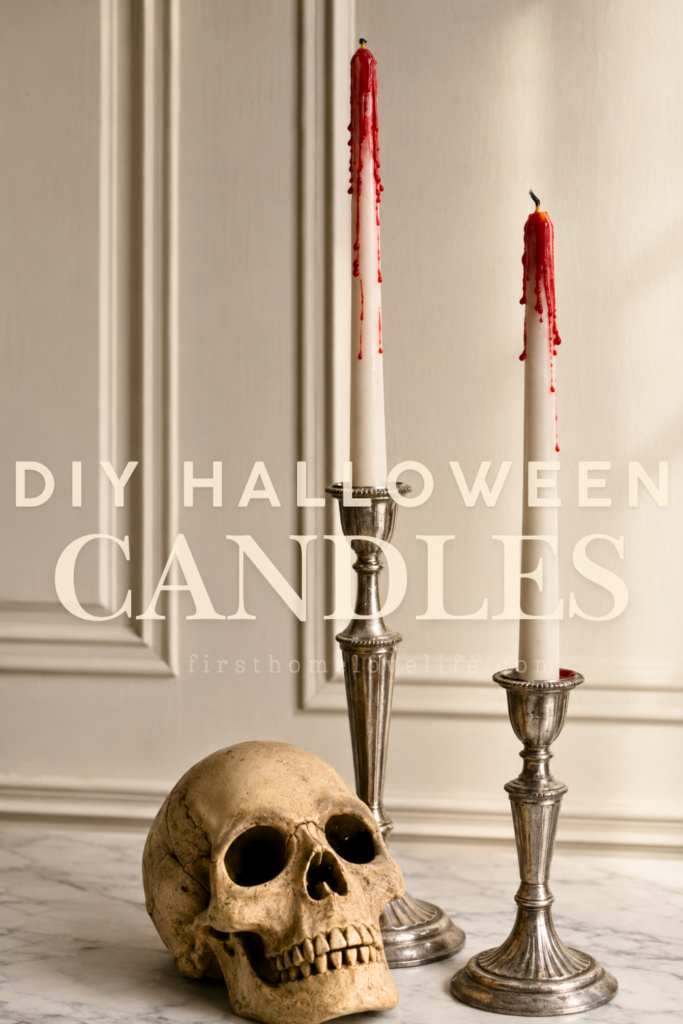 Pinterest graphic featuring two DIY bloody taper candles in vintage silver holders beside an aged skull.