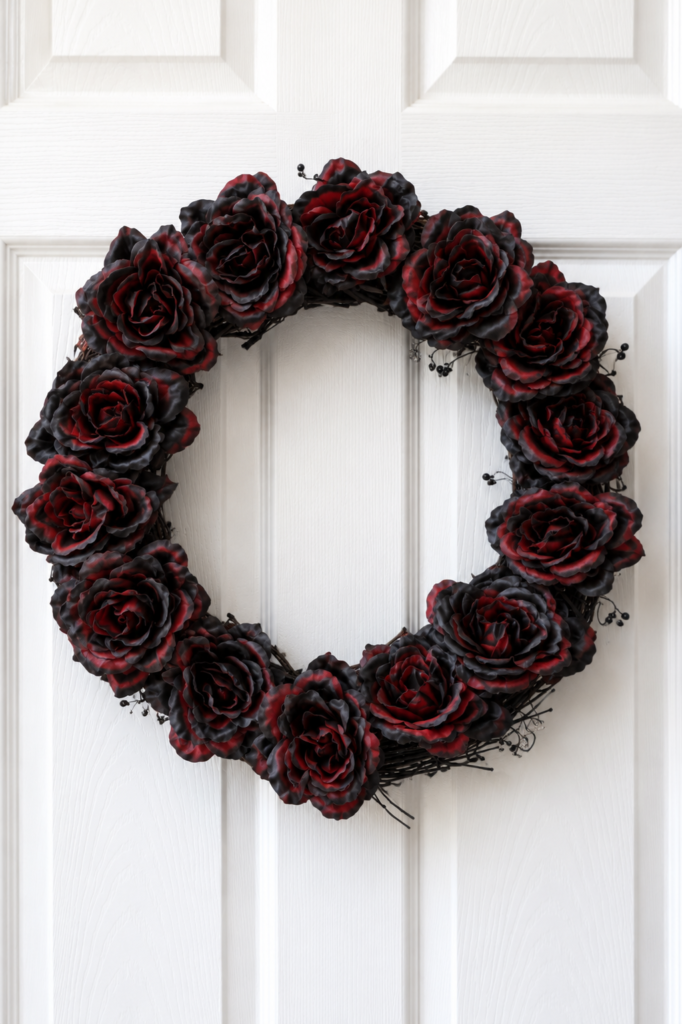 DIY dead rose wreath made with black and deep red roses hanging on a white front door for elegant gothic Halloween decor.