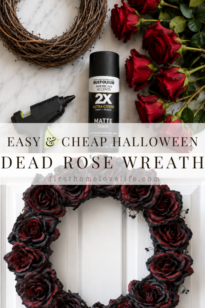 Pinterest collage showing the supplies and finished DIY dead rose wreath made with red roses spray painted black for elegant gothic Halloween front door decor.