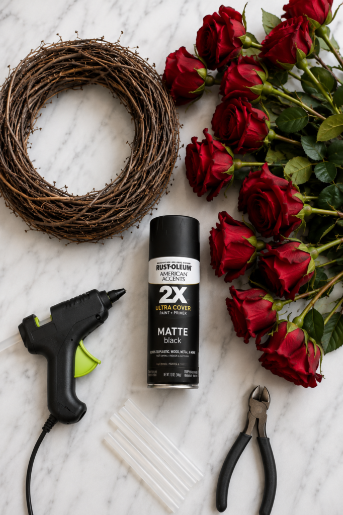 Flat lay of supplies for a DIY dead rose wreath including a grapevine wreath, red artificial roses, black spray paint, hot glue gun, glue sticks, and wire cutters on a marble countertop.