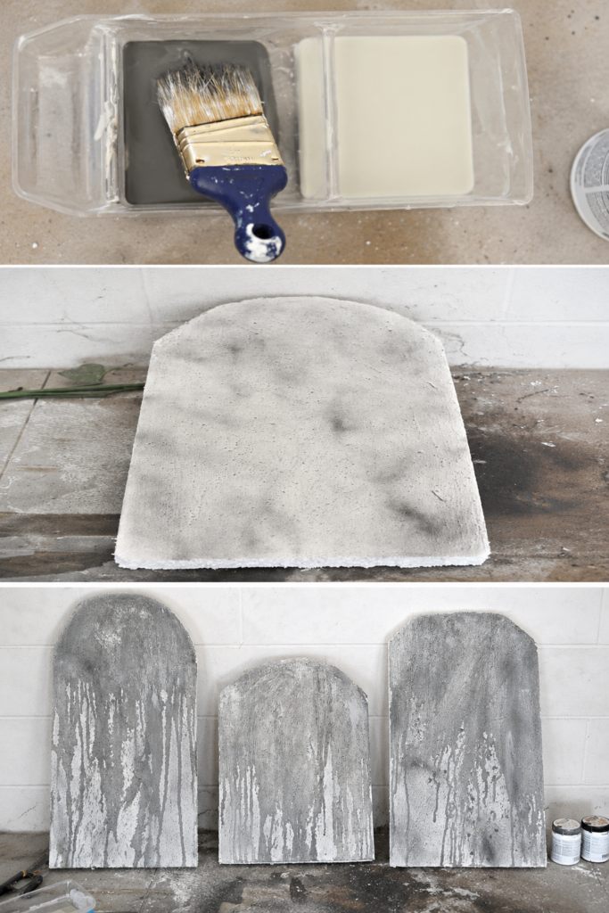 Step-by-step collage showing paint colors, textured tombstone surface, and finished weathered DIY Halloween tombstones with realistic stone effects.
