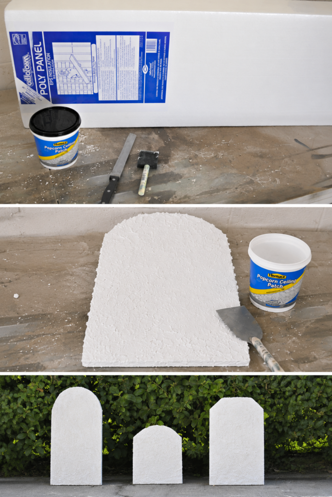Step-by-step collage showing how to make DIY Halloween tombstones from foam insulation board, adding texture, and displaying finished tombstones outdoors.